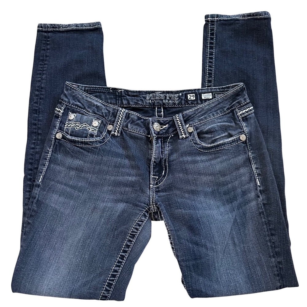 Miss Me Skinny Jeans Low Rise‎ Dark Wash Rhinestone Studded Flap Pocket Size 29
